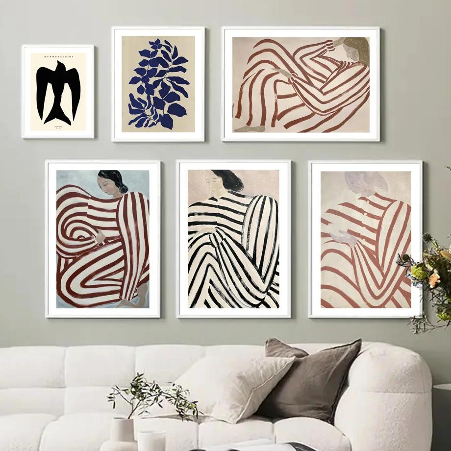 Sofia Lind Striped Pajamas Woman Geometry Leaf Canvas PaintingNordic Poster Wall Art Print  Retro Pictures For Living Room Decor