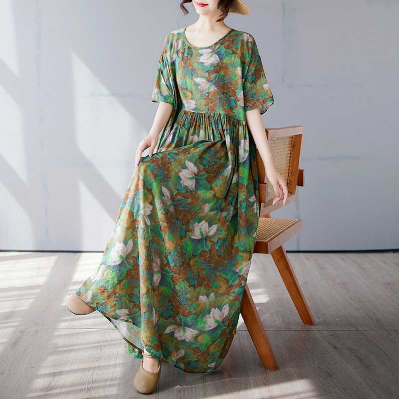 Fashionable Long Skirt Summer Short Sleeved Round Neck Printed Dress