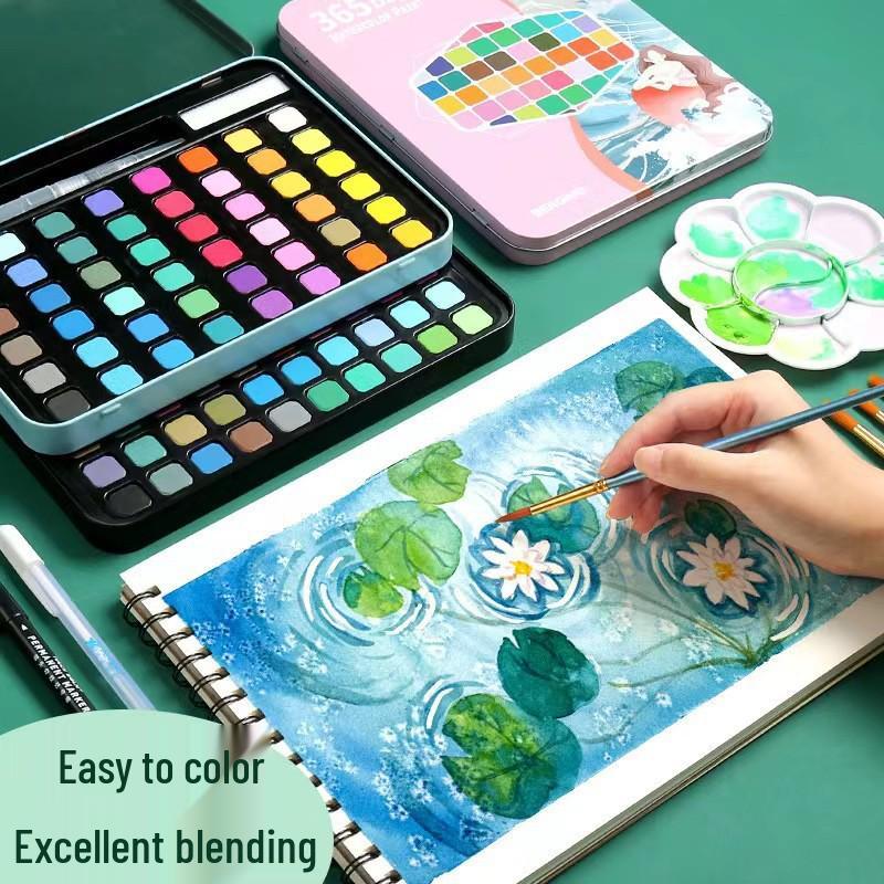 48 Tin Box Solid Watercolors & Brushes Kit - 60 Unique Colors for Beginners