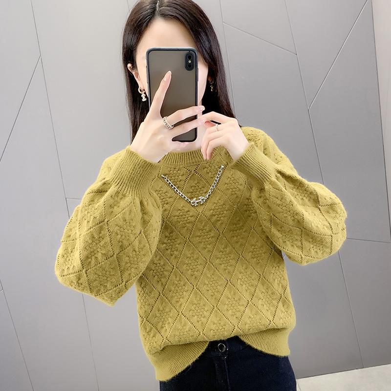 Podzimní svetr Dámský svetr s kulatým výstřihem Nové volné podzimní a zimní úplety Jednobarevný svetr s dlouhým rukávem Dámský top