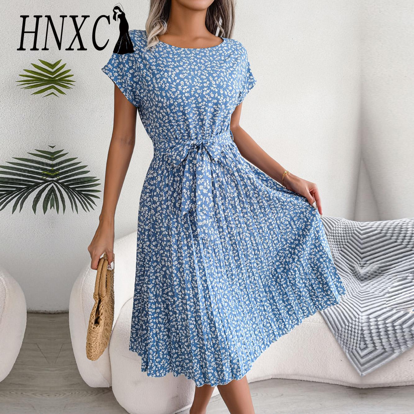 

HNXC Весна Лето Женское Плиссированное Платье А-силуэта С Коротким Рукавом С Цветочным Принтом Длинное S-3XL S синий