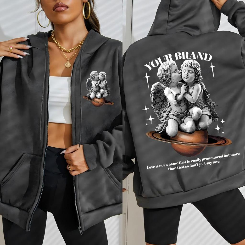 A Caring Angel Boy Wearing Handcuffs Prints Women Zipper Hoody Y2K Loose Hoodies Streetwear Vintage Autumn Clothes