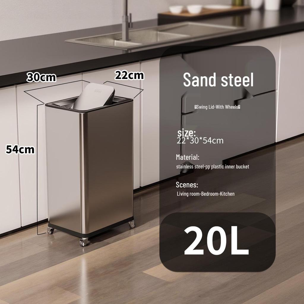 Einfacher Moderner Edelstahl-Mülleimer mit Rädern – Vertikaler Klappdeckel, Quadratisches Design für Küche & Wohnzimmer