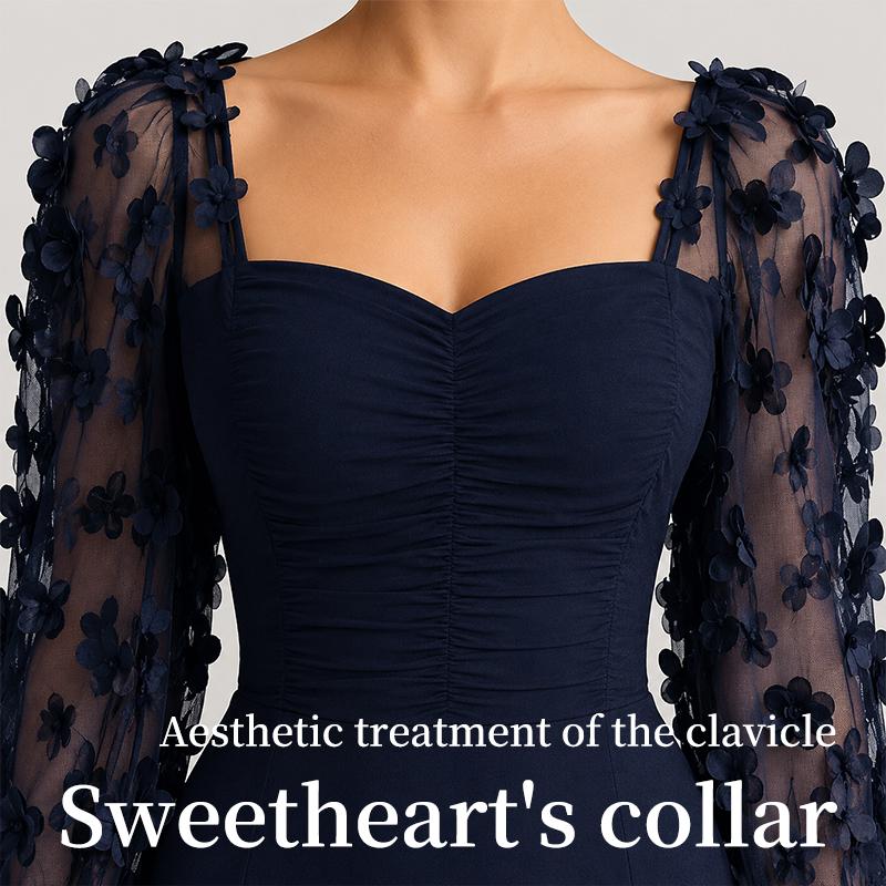 Damen Elegantes Quadratischer Ausschnitt Blasenärmel Langarm Mesh-Einsatz Jacquard Maxikleid 3D Schlankmachend A-Linie Schwingend Langkleid