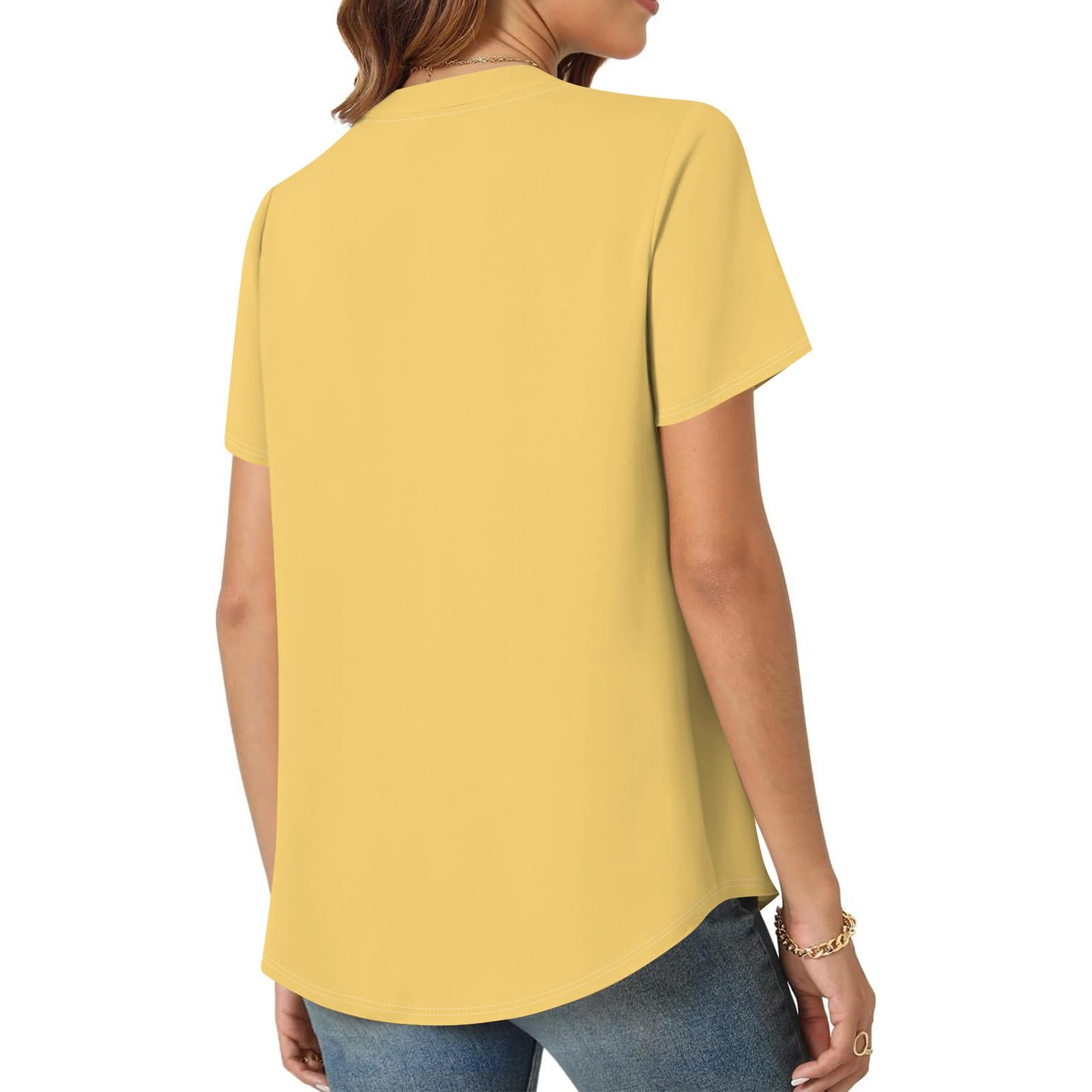 Женская повседневная свободная футболка с коротким рукавом и v-образным вырезом на груди — фото 10