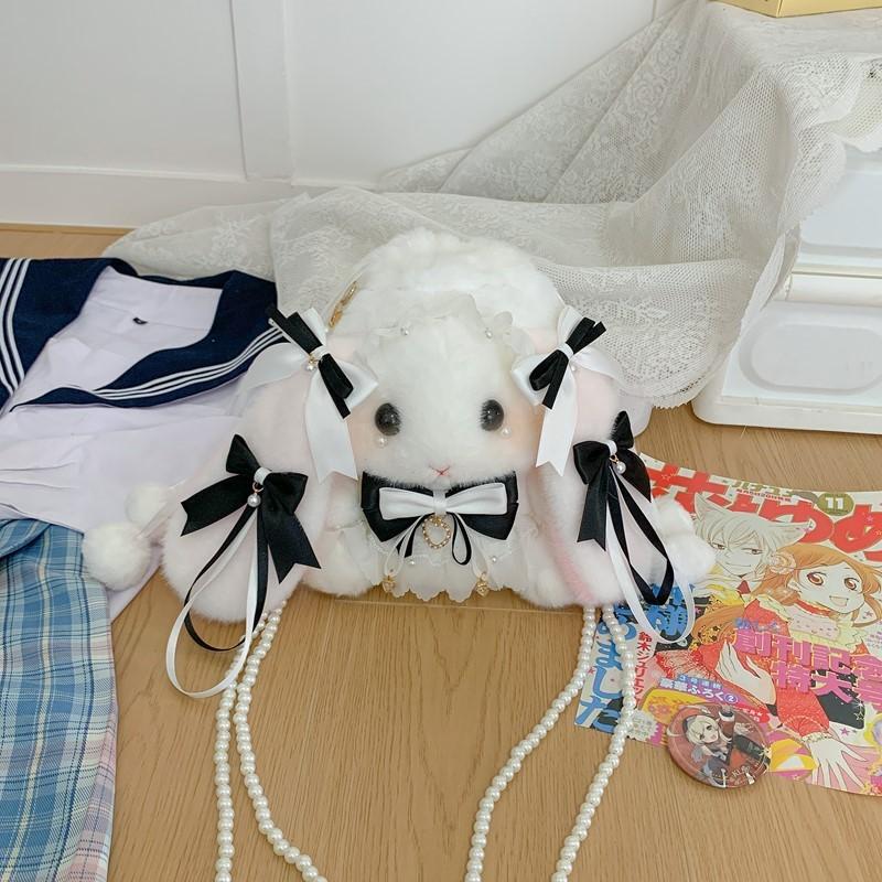 Lolita Bowknot Rabbit Plush Shoulder Bag With Pearl Chain For Daily Casual Use
