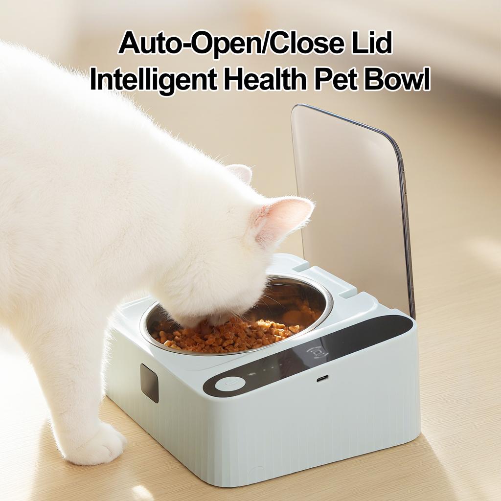 & ODM Intelligente Automatische Katzenfutterschale mit Sensorgesteuertem Deckel 304 Edelstahl Erhöhte Tierfutterstation 350ml