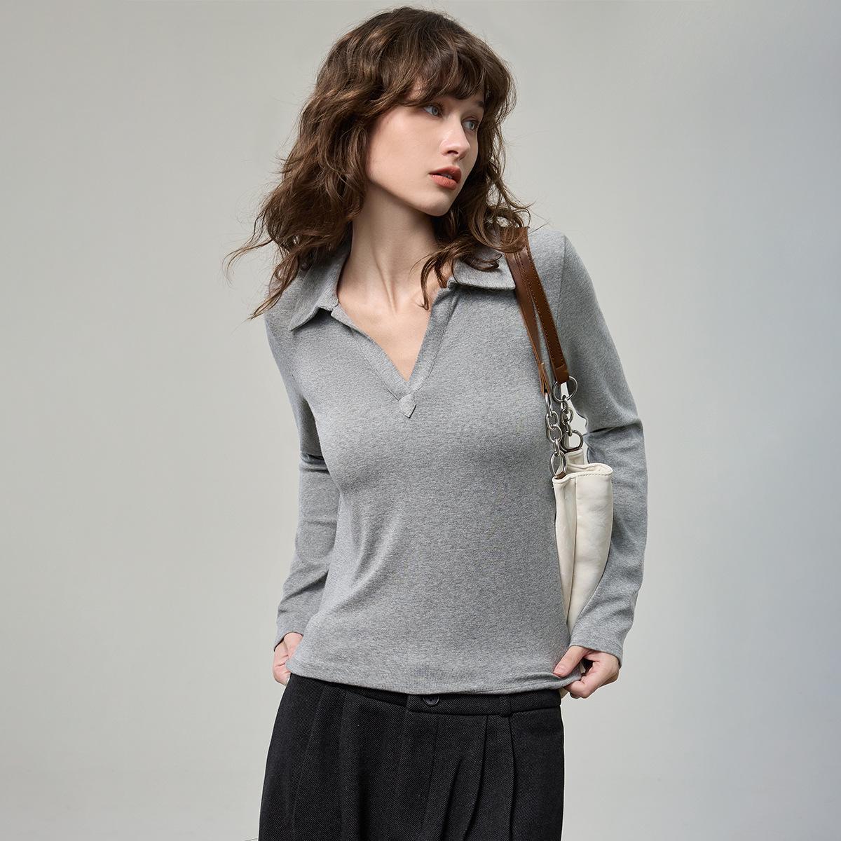 

Women s 2025 Slim-Fit V-Neck Knit Long-Sleeve Polo Pullover M хизер серый