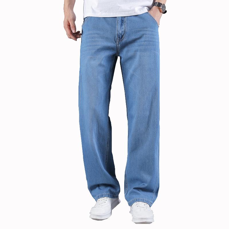 Premium men's denim trousers: relaxed straight-leg, lightweight summer style with no stretch, wide-leg cut, plus sizes available.