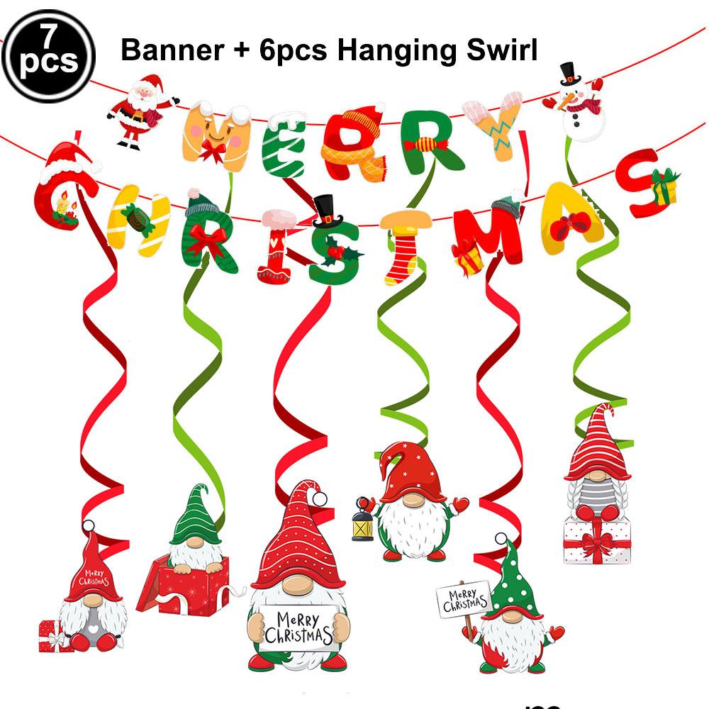 Merry Christmas Banner Hanging Swirl Decorations Set Xmas Holiday Santa Snowman Elk Sign Hanging Indoor Decor Party Supplies