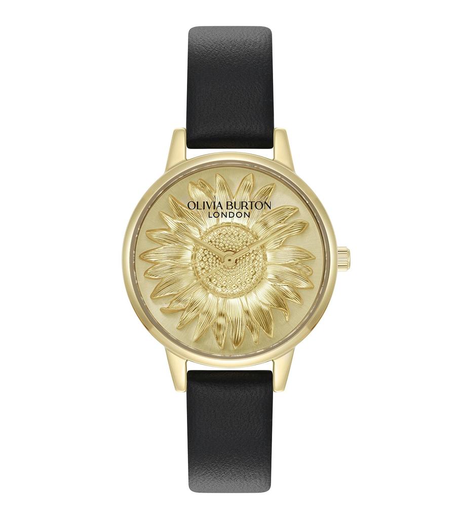 Authorized Distributor Olivia Burton Watch Ladies 24000222 3D Flower Midi Gold Black Leather [OLIVIA BURTON]