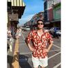 Men's Summer Casual Short Sleeve Shirts Red Leaf Print Lapel Button Down Loose Fit Breathable Hawaiian Beach Streetwear Tops