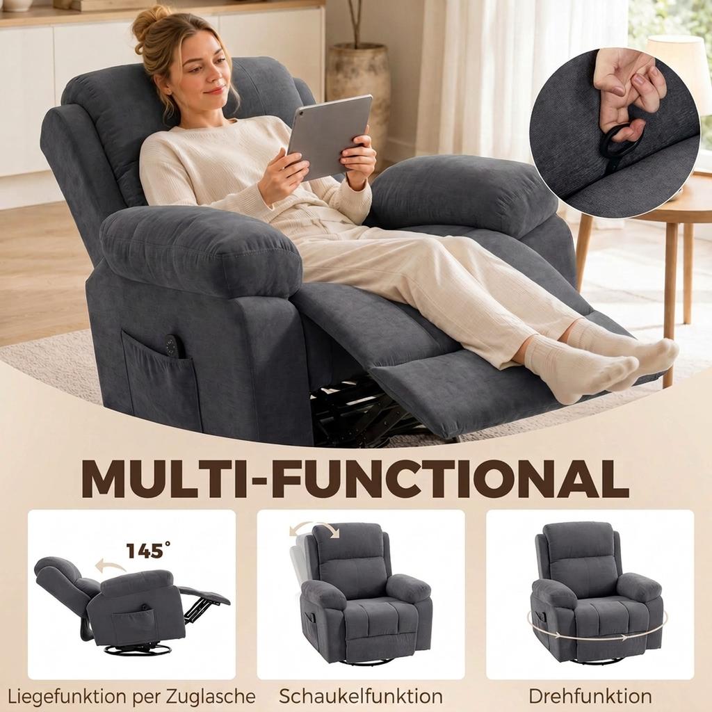 Recliner TV Chair 360 degrees Rotating Massage Chair with Heat, Massage, Chenille Look, Dark Gray