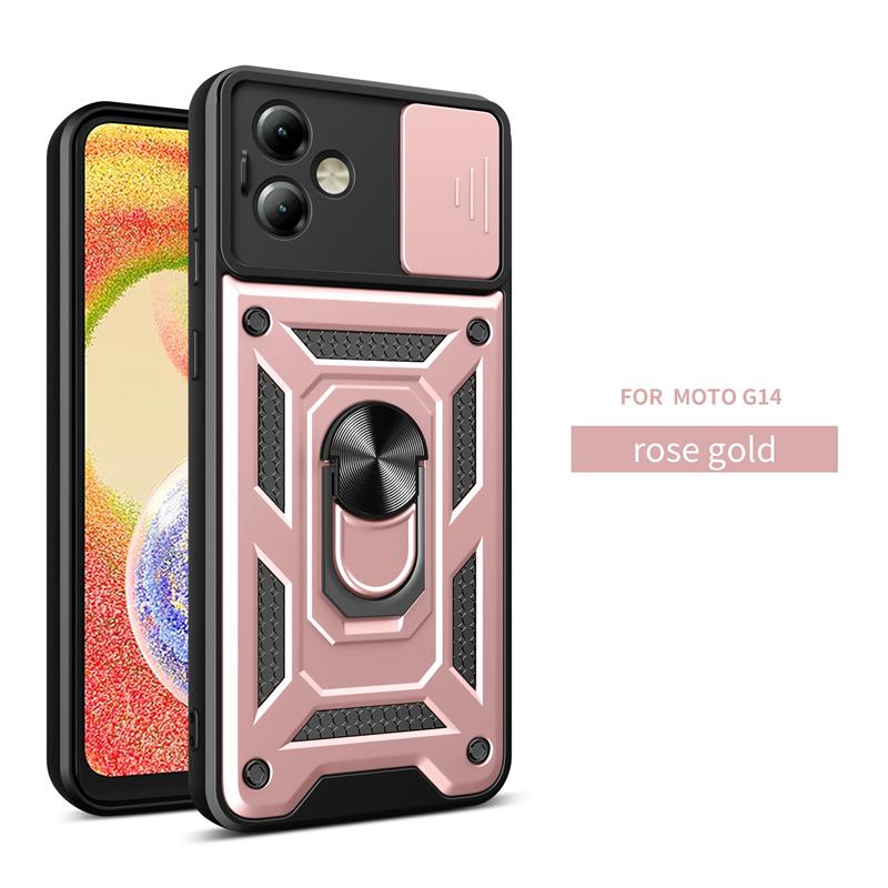 For Motorola G14 4G Case Slide Camera Protection Phone Case for Moto G14 G 14 MotoG14 Car Magnetic Ring Holder Armor Back Cover
