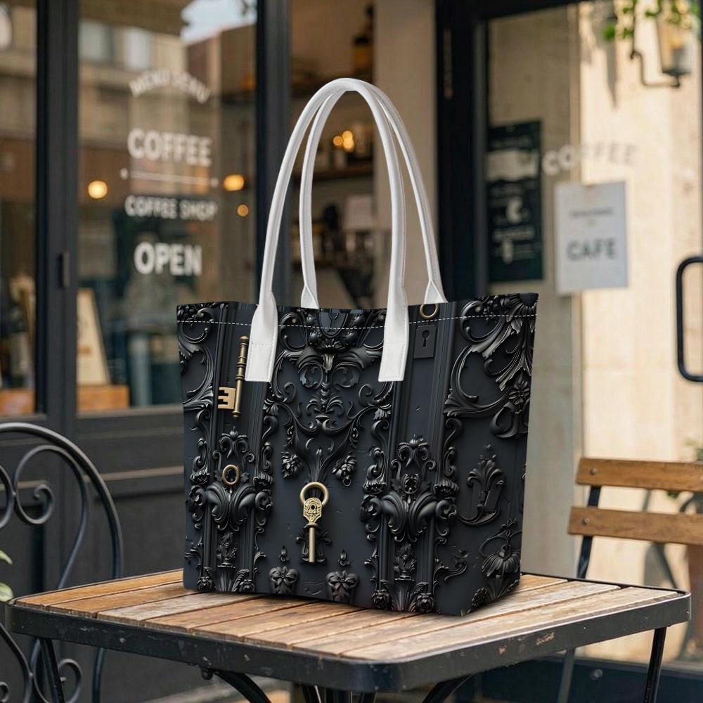Elegant Dark Embossed Pattern Tote Bag Vintage Metal Key Decor Fashionable Daily Shopping Shoulder Bag for Women