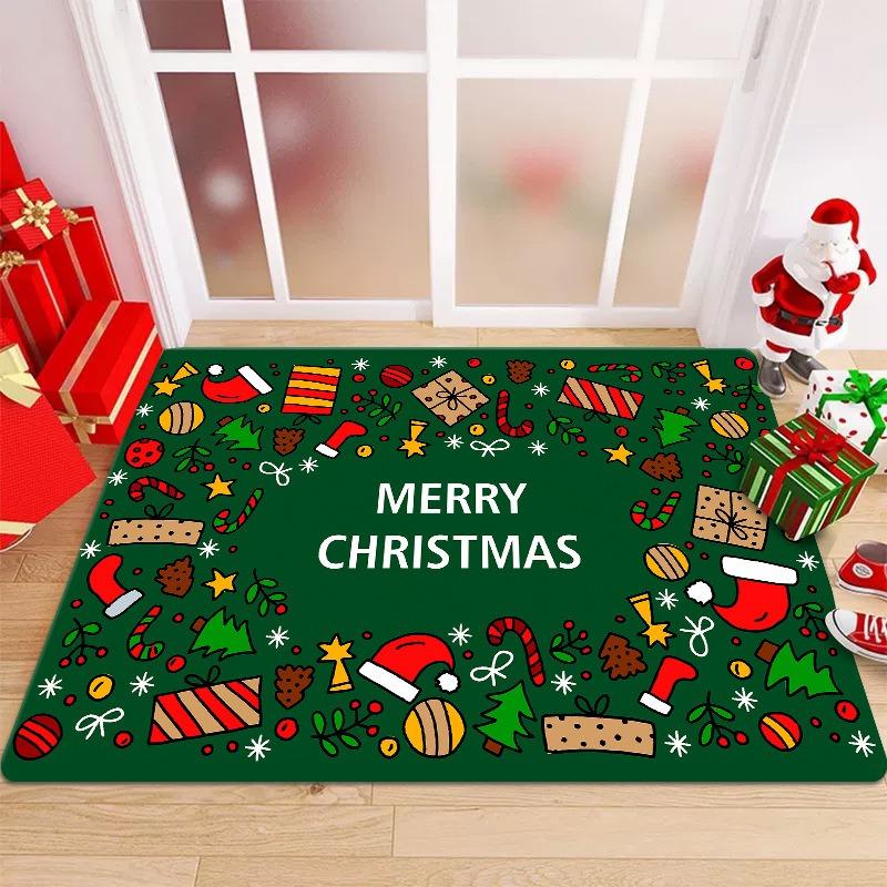 Weihnachts-Fußmatte mit festlichen Mustern wie Schleifen Stechpalmen Weihnachtsmann Rentier Karomuster Geweih Rutschfest Willkommen Eingang Ru