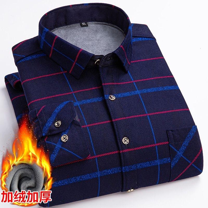 Camicia a maniche lunghe a quadri da uomo con pile ispessito, casual, business, elastica, non stirabile, calda, per gli anziani