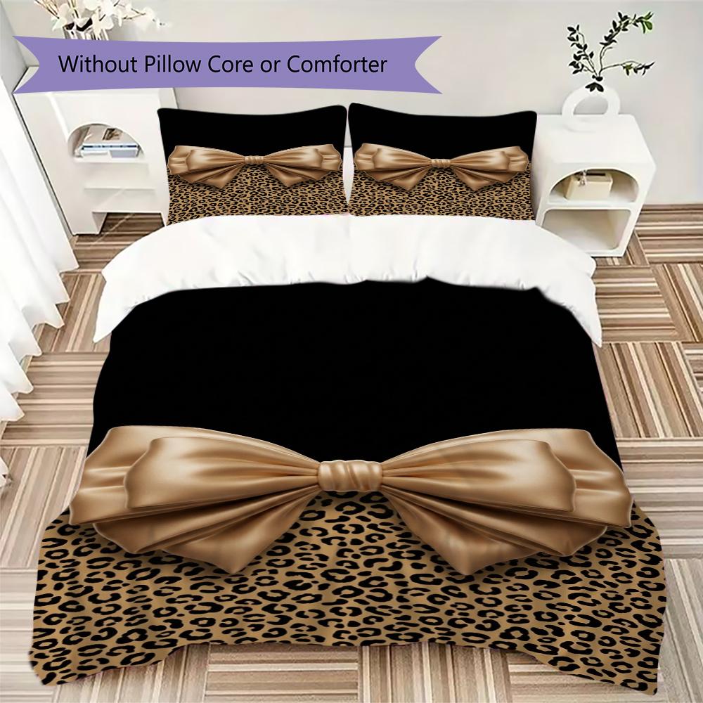Leopard Print Bow Pattern Bedding uilt Set uilt Cover Pillowcase Home Decoration Birthday Gift (1 * duvet cover + 2 * pillowcase without core)91