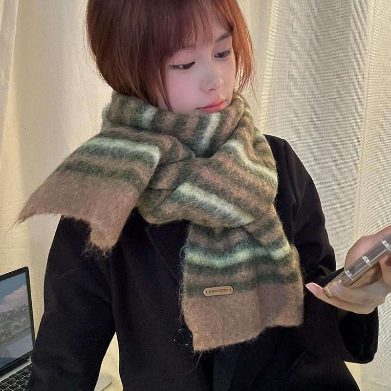 Luochi 2024 Women's Striped Wool Scarf - High-End Winter Fashion for Students