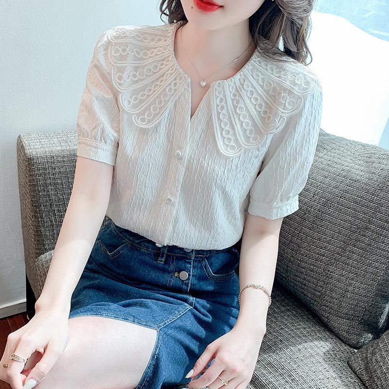 Women's 2025 Summer French Retro Floral Doll Collar Chiffon Blouse