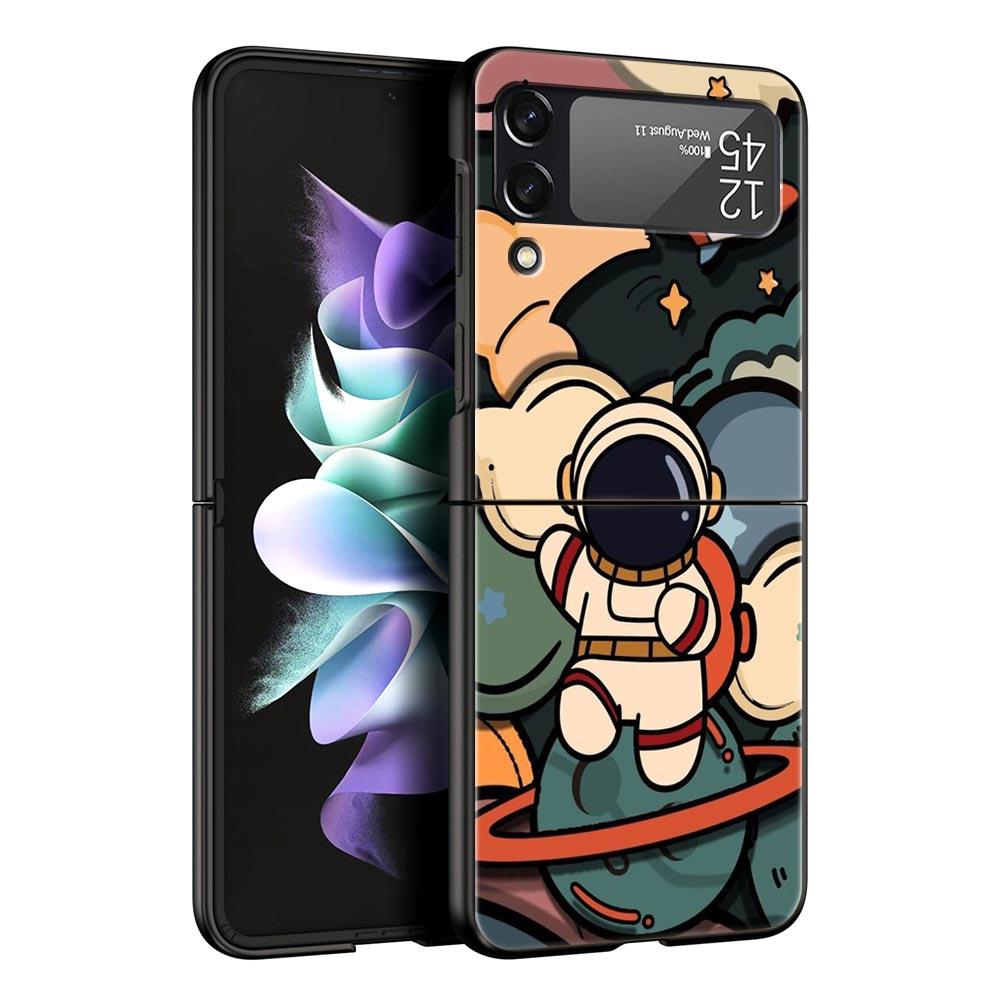 Cartoon Cute Cosmonaut Hard PC Phone Case For Samsung Galaxy Z Flip 7 6 5 4 Black Cover For Galaxy Z Flip3 Foldable Fundas Shell