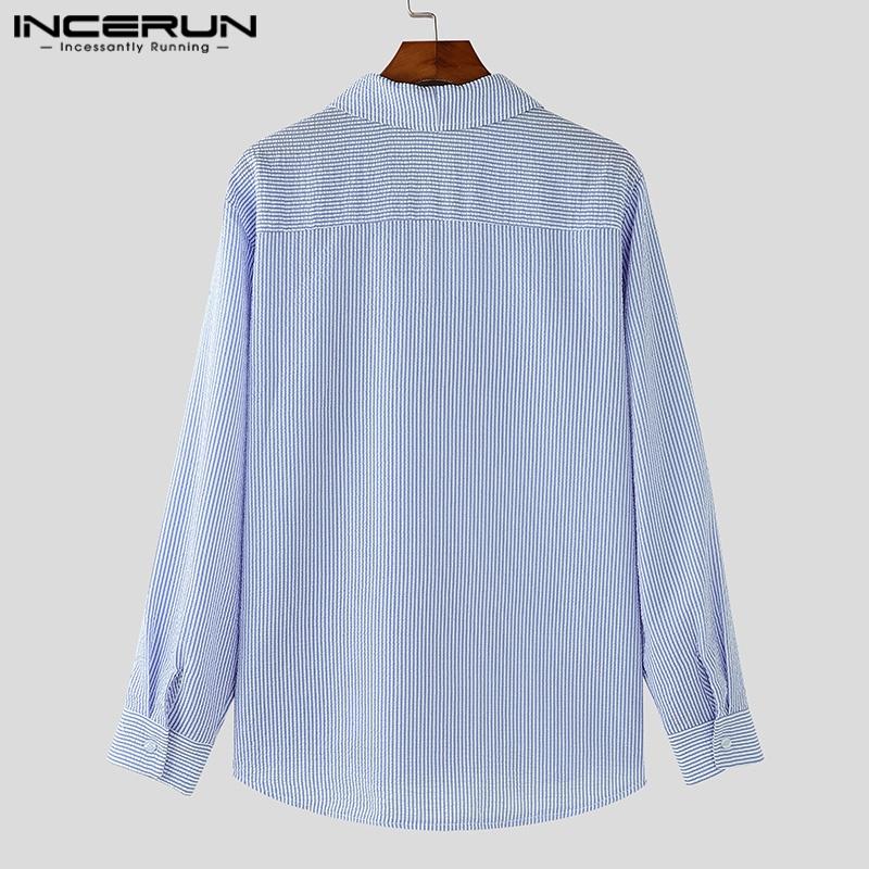 INCERUN Men Lapel Long Sleeve Striped Print Shirts Semi-Sheer Texture Tops