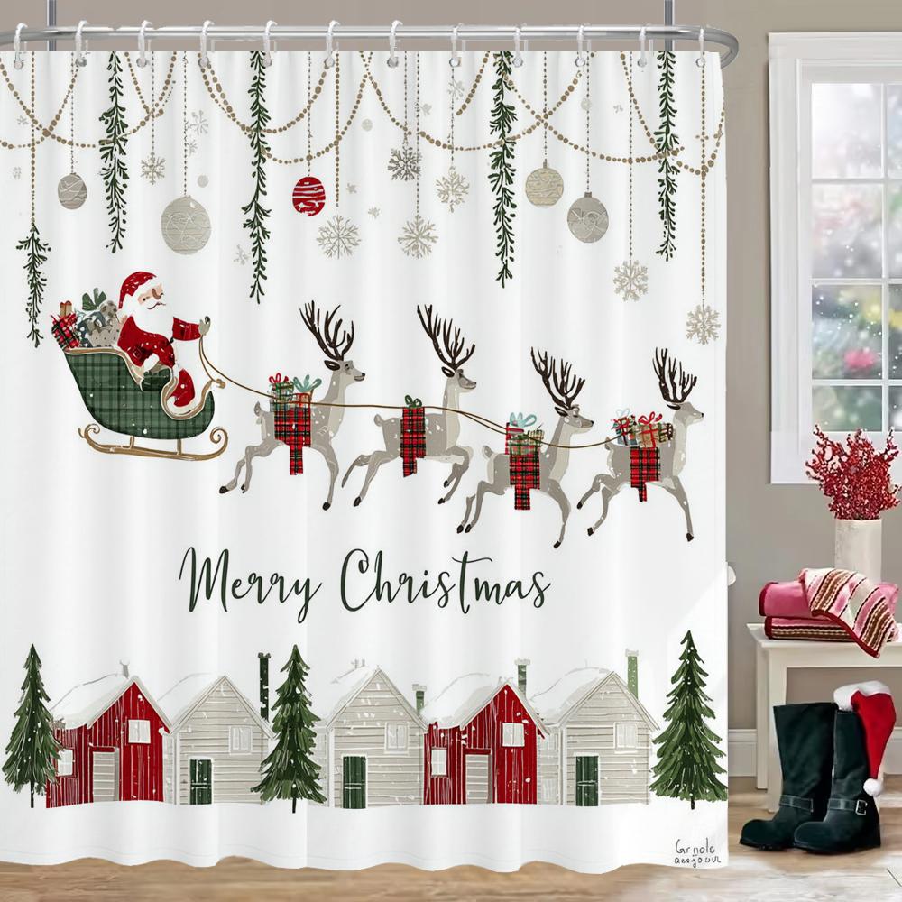 

Christmas Elk Shower Curtain With 12 Hooks for Bathroom, Reindeer Bath Curtain With Xmas Lamps, Deer Balls for Holiday Decor 90x180cm-35x70in