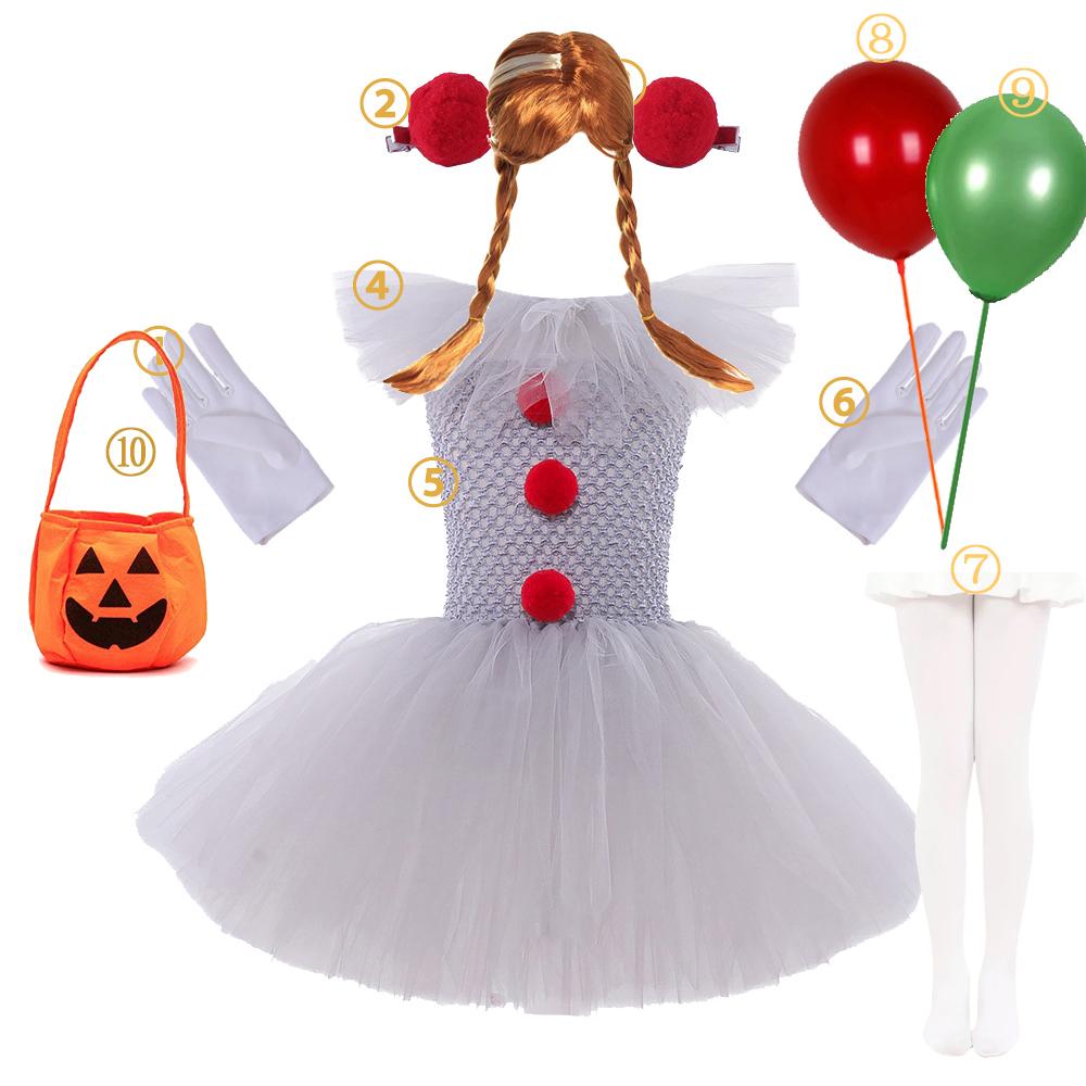 Costume d'Halloween Clown pour Enfants Film d'Horreur Cosplay Ensemble pour Filles Carnaval Fête Déguisement Vêtements de Clown 3-10 Ans 8-9Y (Size 140cm) gray