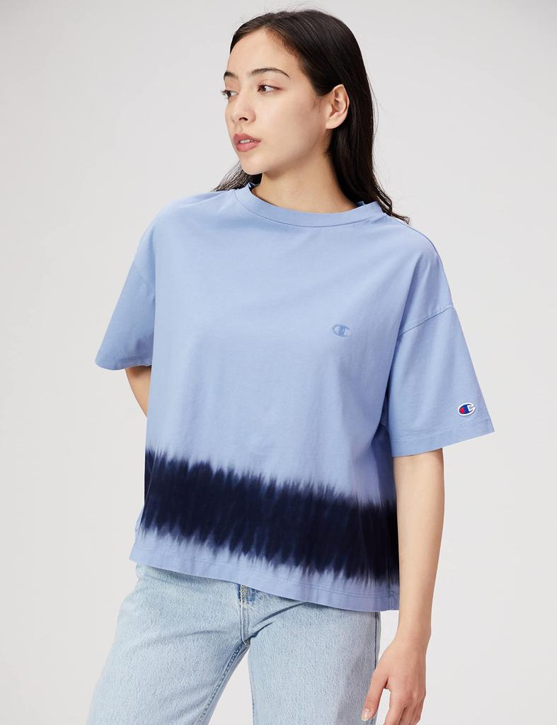 Champion Casual Short Sleeve Pale Size with a Logo and Loose Fit Women's T-Shirt, Blue, L, CW-V314, One-Point Tie-Dye Design,