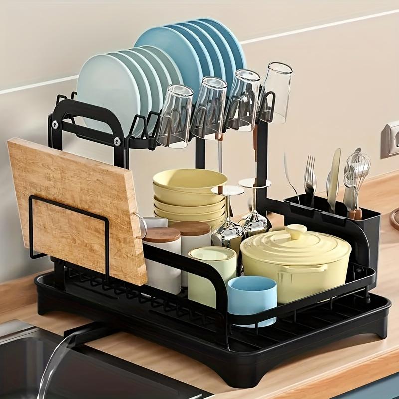 A 2-layer Metal Dish Rack, Durable 2-in-1 Cutlery Storage Rack and Dish Rack, Countertop Bowl Storage Rack, Multi-function Storage Rack