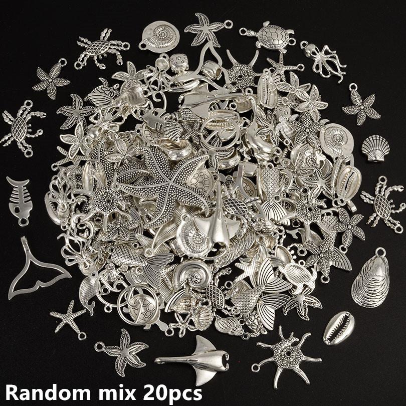 10/20/30pcs Metal KC/Vintage Gold/Silver Color Ocean Animal Charm Random Mix Shell Fish Turtle Charms For Jewelry Making Pendant