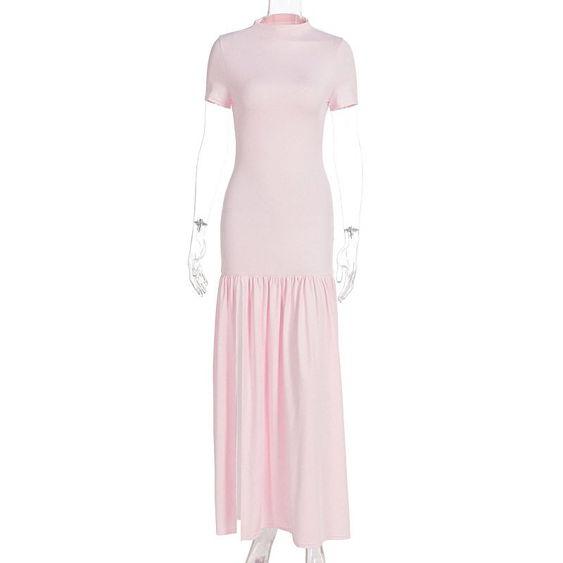 

and American Style Cross-Border Foreign Trade Women s Dress, Fashionable and Elegant Round Neck Slim Fit Split Hem Patchwork Dress for Women in Summer Pink S