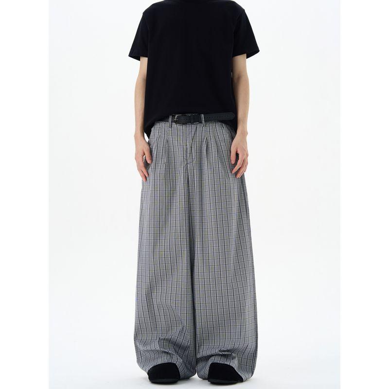 Kisko Summer Thin Pleated Plaid Wide-Leg Casual Pants for Men and Women, American-Style High-End Loose Vintage Pants
