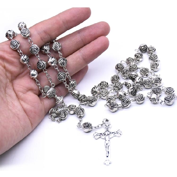 Plastic Beaded Necklace with Cross Pendant Fashion Catholic Rosary Necklaces