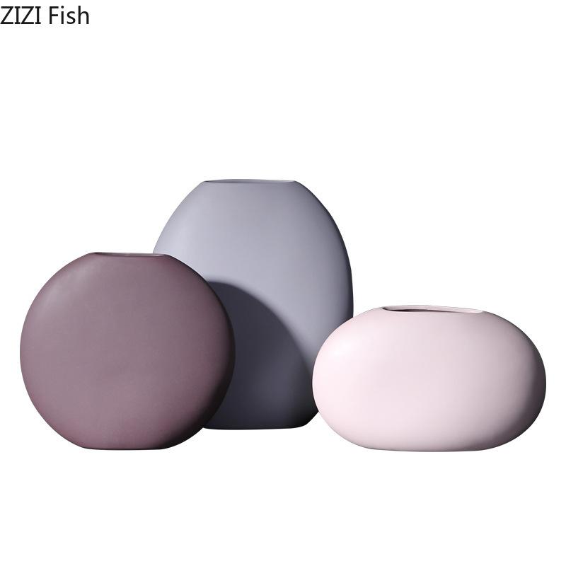 Minimalist Flat Ceramic Vase Creative Round Plant Pots Table Decoration Flowers Arrangement Floral Vases Room Aesthetic Decor