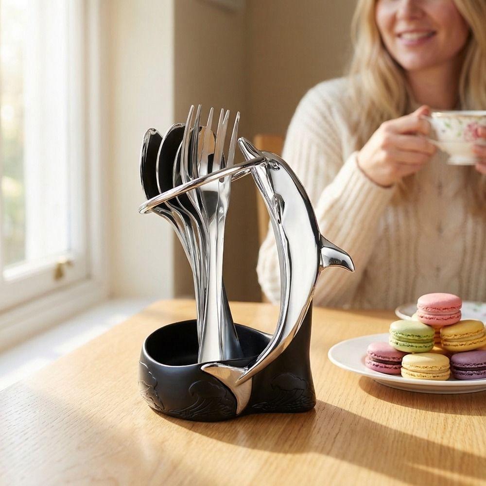 Cute Stainless Steel Dolphin Cutlery Holder Portable Decorative Dinnerware Set Fruit Fork Fruit Fork Set Home Decoration
