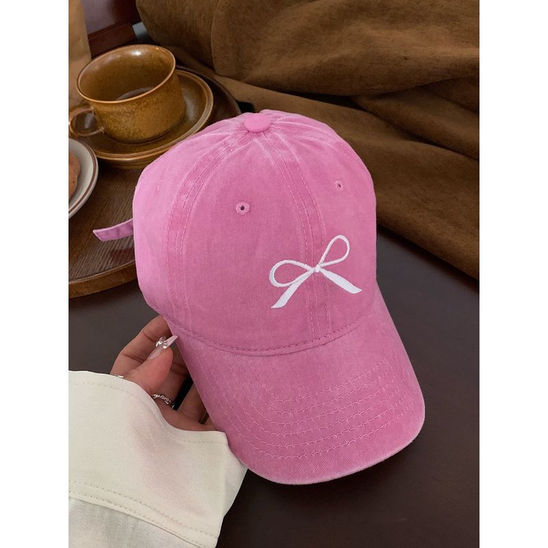 Bows Embroider Baseball Cap Female 2024 Spring New Arrival Washed Distressed American Retro Wide Brim Cover Face Peaked Cap