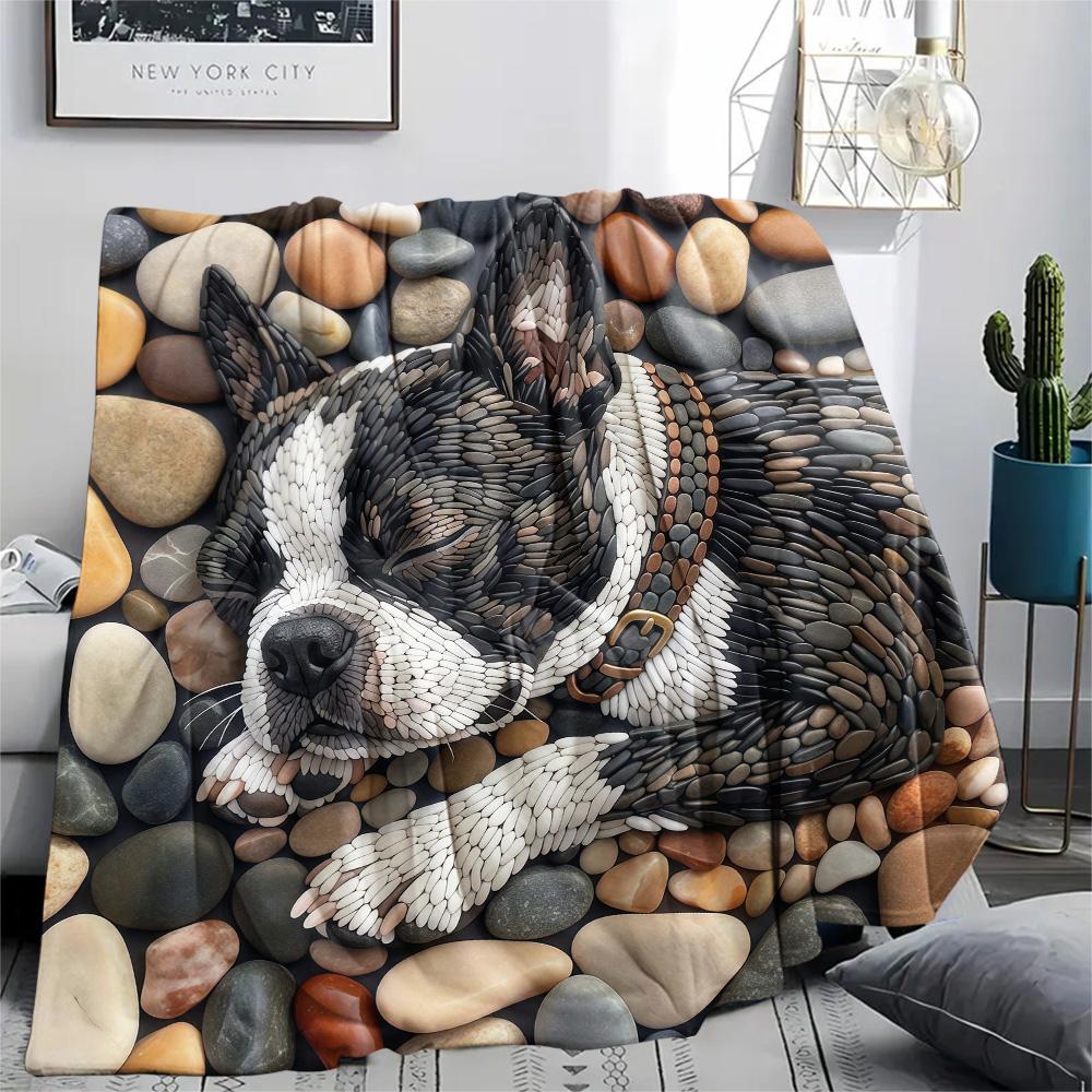 1Pc Cobblestone Dog Print Flannel Blanket High Quality Warm Comfortable Cover for All Seasons Perfect for Gifts Home Decor