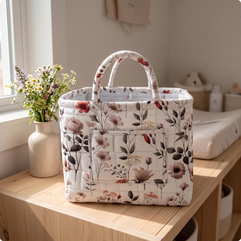 Collapsible Quilted Cloth Storage Basket Decorative with Pocket