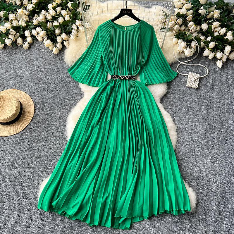 

Summer Dress New Arrival Fashion Special Interest Light Luxury Elegant Retro Pleated Dress Waist-Tight Slim Looking Elegant Flare Sleeve Dress Green One size