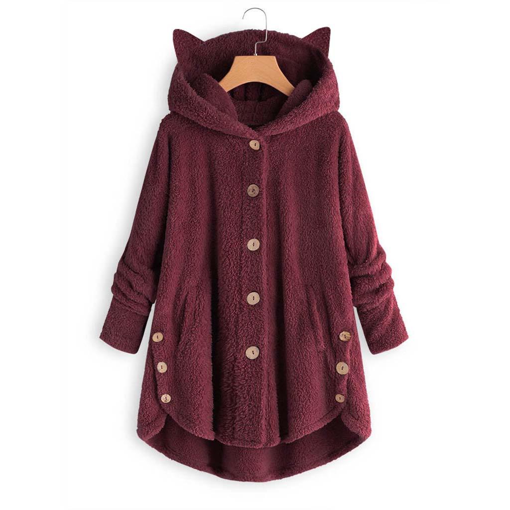 Amazon 2025 Autumn and Winter European and American Buttons Hooded Cat Ears Plush Top Irregular Trendy Brand Solid Color Coat Women