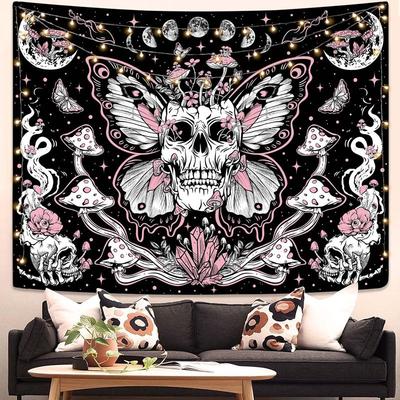 Pink Butterfly Skull Tapestry Moon Phase Mushroom Crystal Witchy Wall Hanging Dark Aesthetic Dorm Bedroom Home Decor