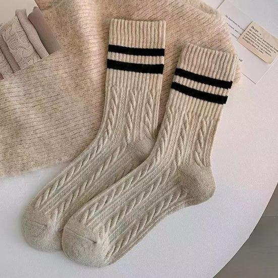 1 Pair Women Socks Ribbed Cuffs Twist Textures Sweat-absorbent Elastic Socks Autumn Winter Mid-tube Thick Warm Socks