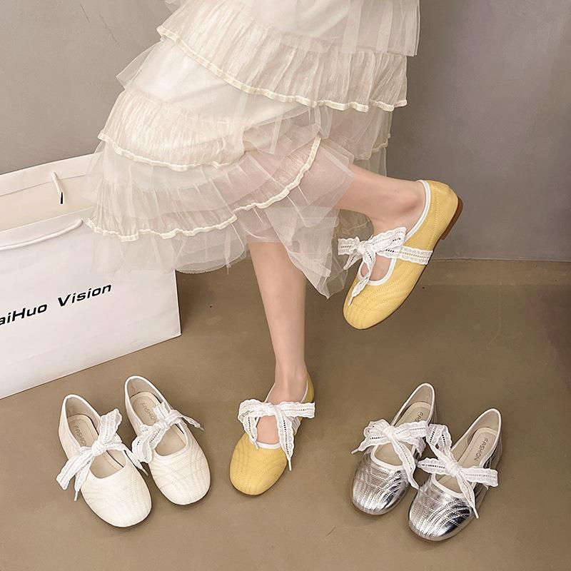 Silver Ballet Style Round Head Inner Height Increase Flat Bottom Shallow Mouth Single Shoes Women's Summer New Versatile Mary Jane Shoes