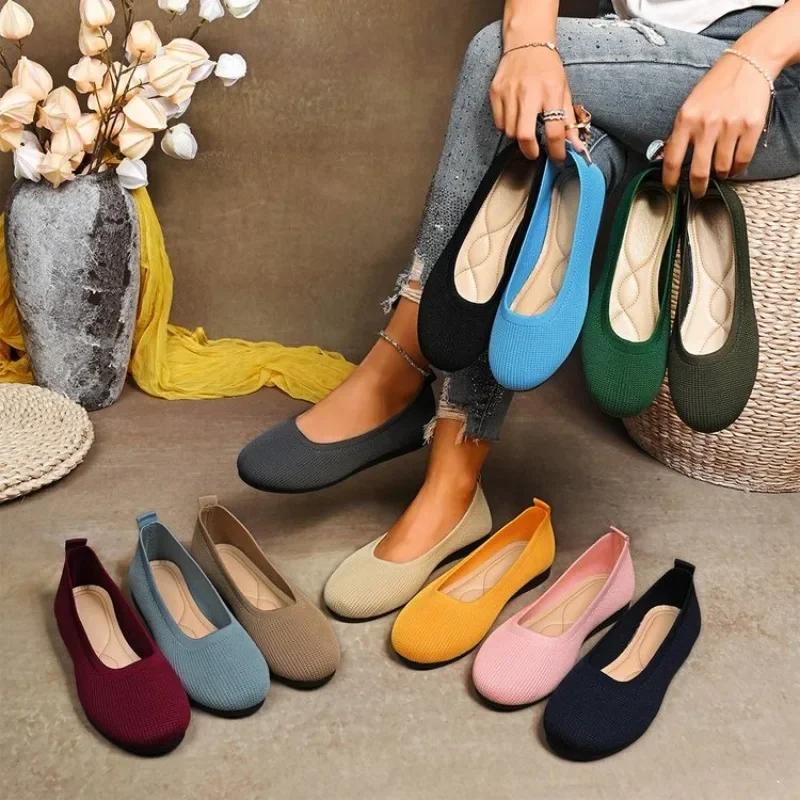 Women Flats Casual Slip On Shallow Shoes Comfortable Knit Ballet Flat Shoes Round Toe Office Boat Shoes Trend Plus Size Loafers