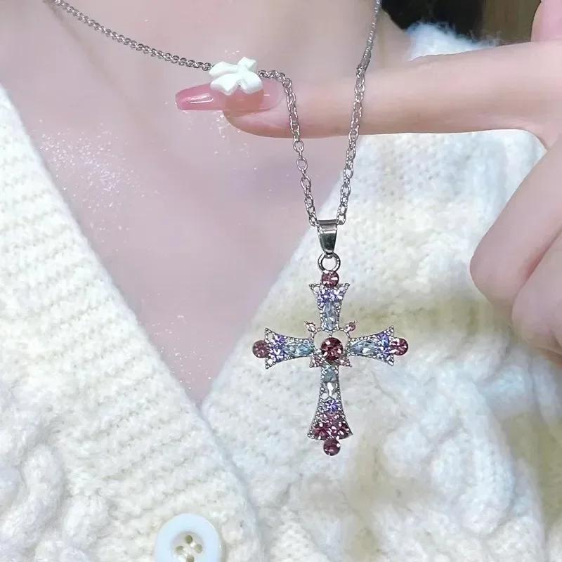 Zircon Cross Necklace Pink Purple Love Heart Cross Pendant Necklaces for Women Gothic Jewelry Party Girls Accessories