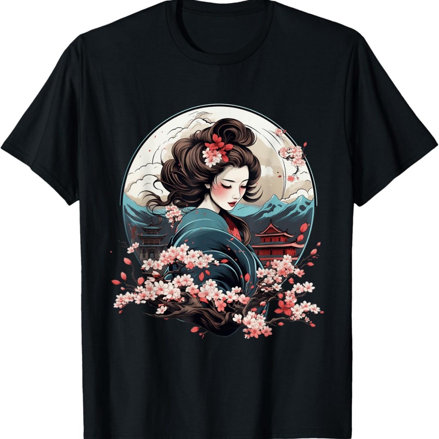 Футболка с гейшей, горой Фудзи, пагодой и цветами сакуры(32) S чёрный