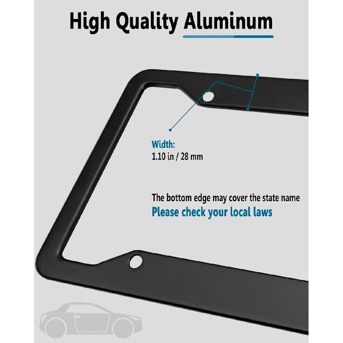 Black License Plate Frames- 2 Pack Aluminum Front & Rear Auto Car Tag Holder, Heavy Duty Bracket With Mount Hardware, Screws Caps, Rattle Proof Pads