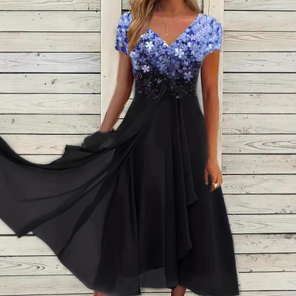 Women's V Neck Short Sleeve Midi Dress Loose Fit Mid Rise Casual Floral Print Chiffon Party Dress