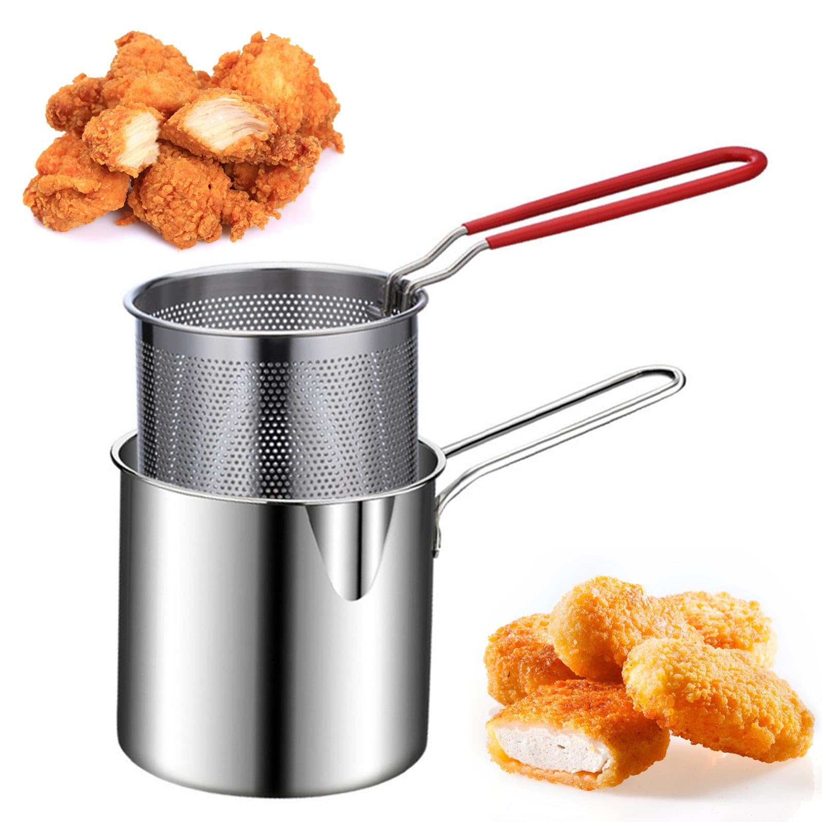 

304 Stainless Steel Frying Pan with Strainer Basket and Handle Deep Frying Pot for Frying Fish Shrimp Type A